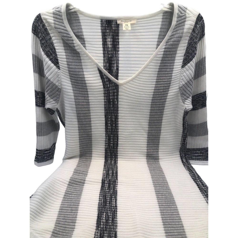 FREE W/PURCH Westbound Women White Stripe Tunic Knit Ribbed Top 3/4 Slv‎ Size PM